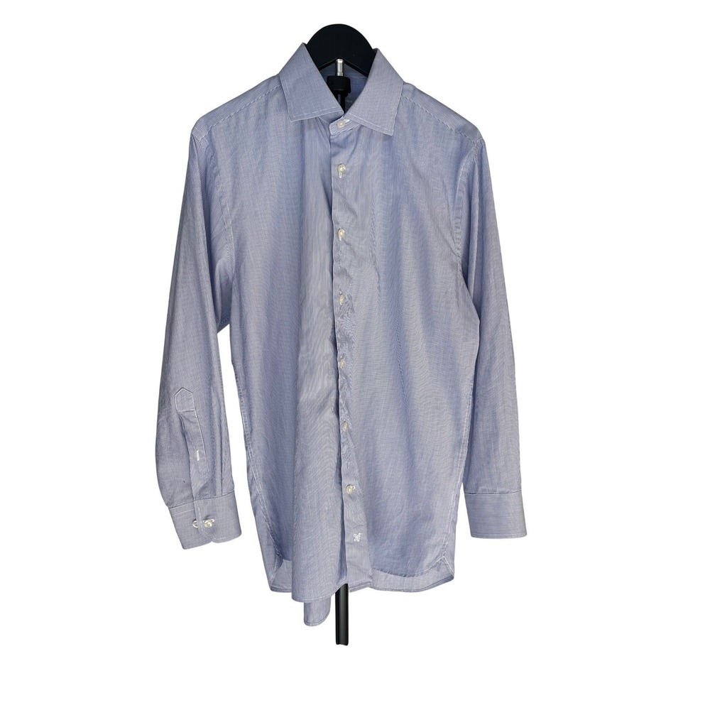 Hickey Freeman Mens Med Blue White Micro Stripe Cotton Long sleeve Dress Shirt
